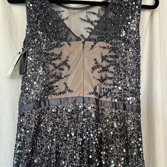 NWT Adrianna Papell Beaded Sleeveless Illusion Maxi Gown gunmetal 8 bridal prom - Picture 5 of 13